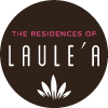 The Residences of Laule'a logo with a black background and some pink lettering.